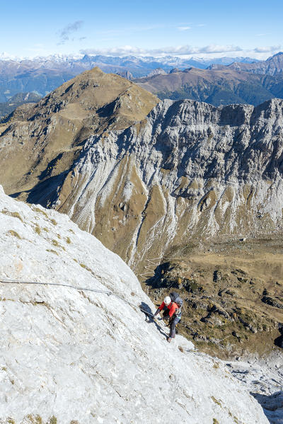 Mount Grosse Kinigat, Kartitsch, East Tyrol, Austria, Europe. Climber on the via ferrata