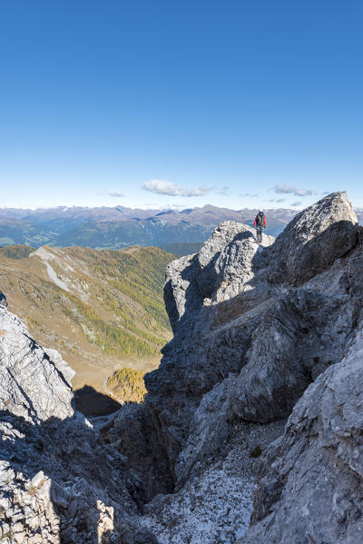 Mount Grosse Kinigat, Kartitsch, East Tyrol, Austria, Europe. Climber on the via ferrata