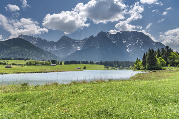 Mittenwald, district of Garmisch-Partenkirchen, Upper Bavaria, Germany, Europe. View over the Schmalen Lake to the mountains of the Karwendel
