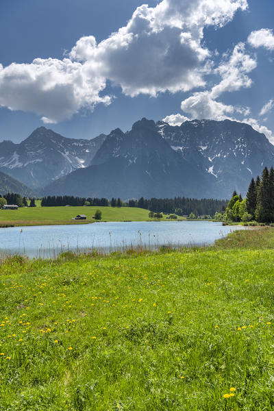Mittenwald, district of Garmisch-Partenkirchen, Upper Bavaria, Germany, Europe. View over the Schmalen Lake to the mountains of the Karwendel
