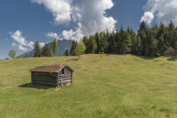 Mittenwald, district of Garmisch-Partenkirchen, Upper Bavaria, Germany, Europe. A barn in the hummocky meadows
