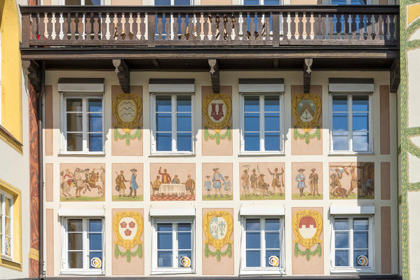 Bad Tölz, Bad Tölz-Wolfratshausen district, Upper Bavaria, Germany, Europe. Building with typical paintings