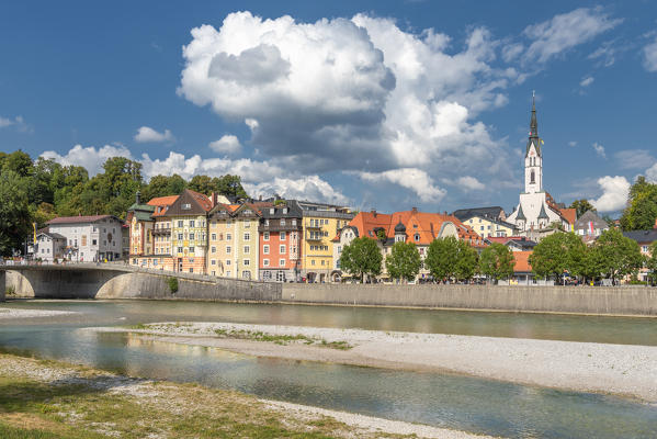 Bad Tölz, Bad Tölz-Wolfratshausen district, Upper Bavaria, Germany, Europe. View towards the historic old town from the River Isar