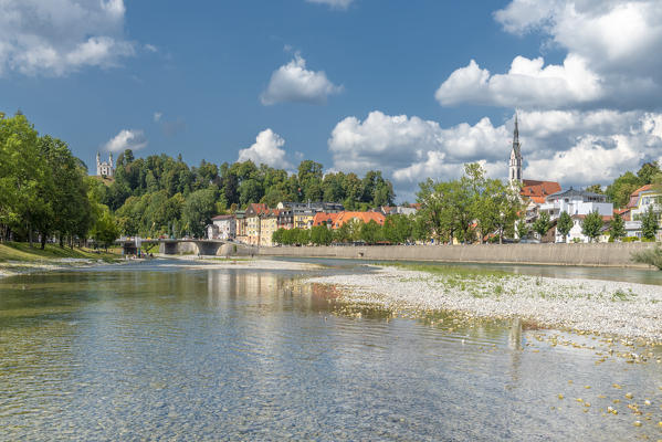 Bad Tölz, Bad Tölz-Wolfratshausen district, Upper Bavaria, Germany, Europe. View towards the historic old town from the River Isar