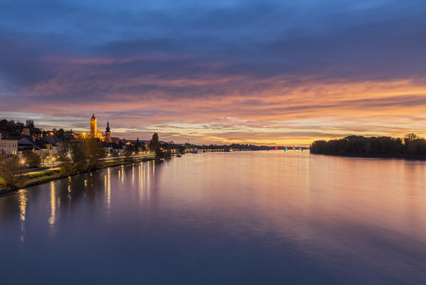 Krems an der Donau, Wachau, Waldviertel, district of Krems, Lower Austria, Austria, Europe. Dawn on the Danube river with the village of Stein an der Donau