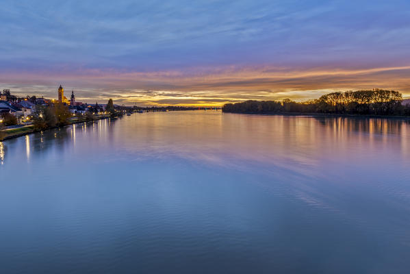 Krems an der Donau, Wachau, Waldviertel, district of Krems, Lower Austria, Austria, Europe. Dawn on the Danube river with the village of Stein an der Donau