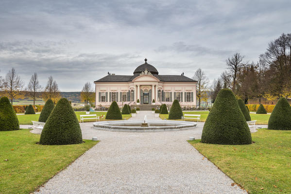Melk, Wachau, Lower Austria, Austria, Europe. The Baroque Garden Pavilion in the Melk abbey park 