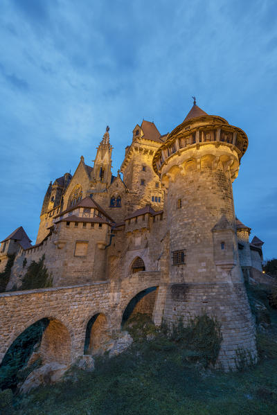 Leobendorf, district od Korneuburg, Lower Austria, Austria, Europe. Dusk at the Kreuzenstein castle (Burg Kreuzenstein)