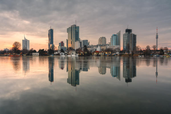 Vienna, Austria, Europe. The skyscrapers of Donau City in the evening.