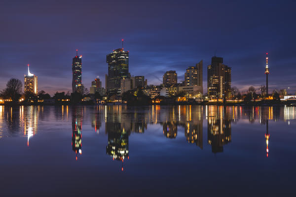 Vienna, Austria, Europe. The skyscrapers of Donau City in the evening