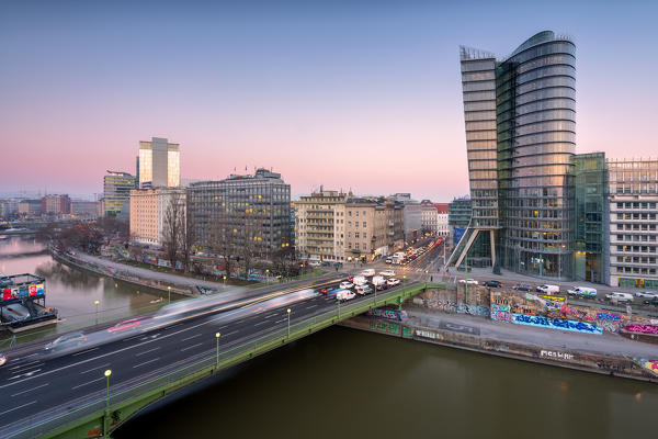 Vienna, Austria, Europe, Uniqa Tower view from Urania Dome at sunrise
