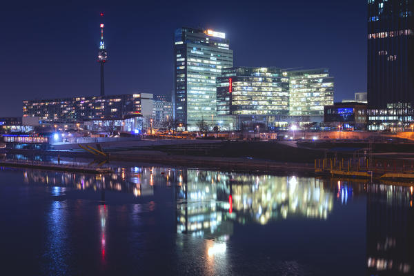 Vienna, Austria, Europe. The skyscrapers of Donau City in the evening