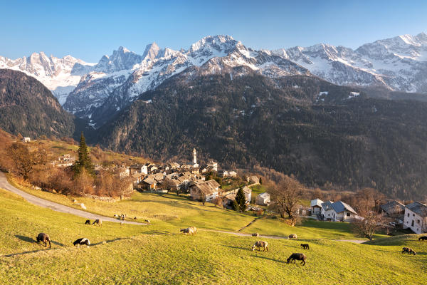 Village of Soglio in Bregaglia valley at sunset, Maloja district, Switzerland, Europe.