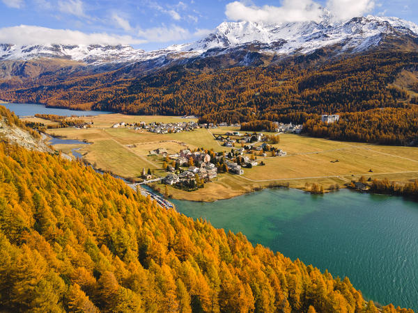 Aerial view in Engadina, Canton of Grisons, Switzerland, Europe.