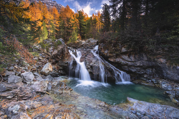 Waterfalls in Morteratsch, canton of Grisons in Engadina, Switzerland, Europe.
