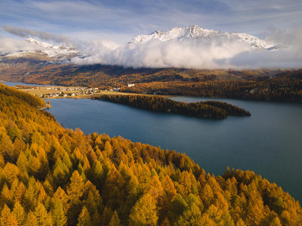 Aerial view in Engadina, Canton of Grisons, Switzerland, Europe.