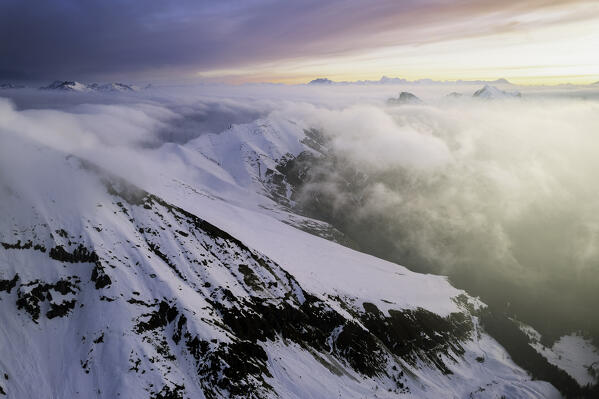 Aerial view during a sunrise, Valle camonica in Brescia province, Lombardy district, Italy.