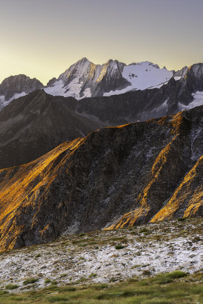 Autumn sunrise in Tonale pass, Ponte di Legno in Brescia province, Lombardy district in Italy.