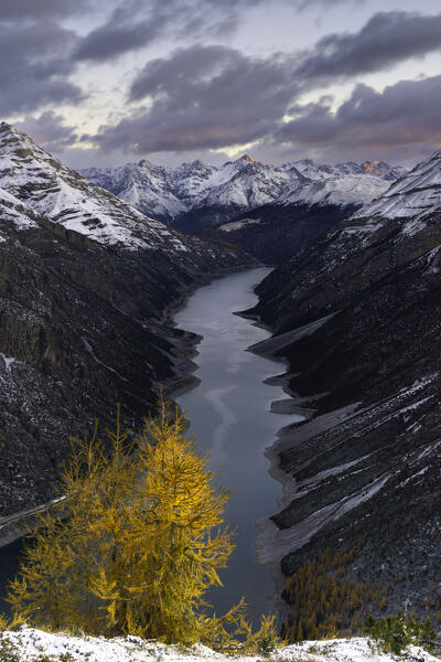 Lake of Livigno from Crap de La Pare in autumn season in sunrise, Valtellina, Sondrio province, Lombardy, Italy