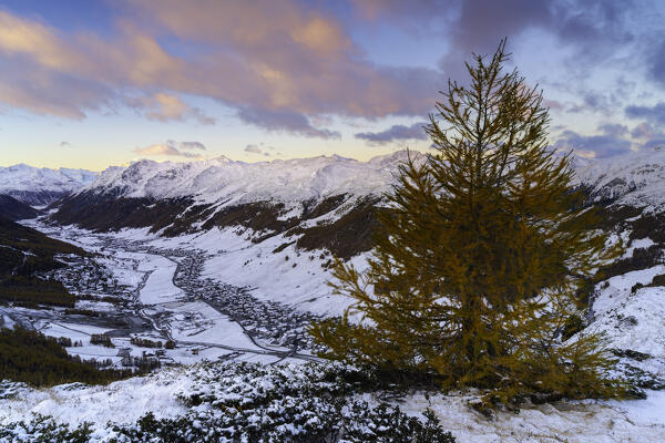 Livigno from Crap de La Pare in autumn season in sunrise, Valtellina, Sondrio province, Lombardy, Italy