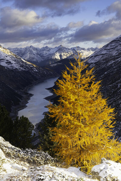 Lake of Livigno from Crap de La Pare in autumn season in sunrise, Valtellina, Sondrio province, Lombardy, Italy