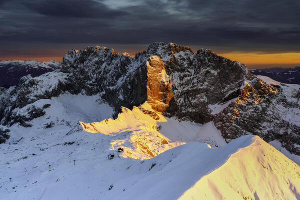 Sunset from Monte Ferrante in winter season, Orobie Alps in Bergamo province, Lombardy district, Italy, Europe.
