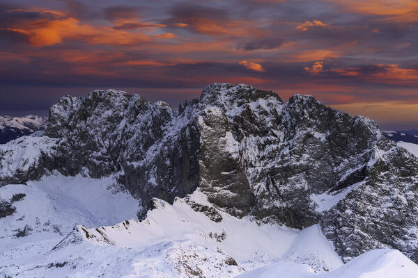 Sunset from Monte Ferrante in winter season, Orobie Alps in Bergamo province, Lombardy district, Italy, Europe.