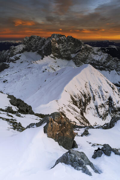 Sunset from Monte Ferrante in winter season, Orobie Alps in Bergamo province, Lombardy district, Italy, Europe.