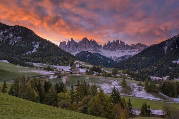 Santa Maddalena and the group of Odle dawn. Funes Valley, province of Bolzano, Trentino Alto Adige Sudtirol
