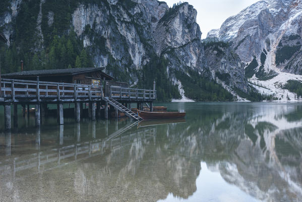 Braies, Prags, Dolomites, South Tyrol, Italy. The Lake Braies , Pragser Wildsee.