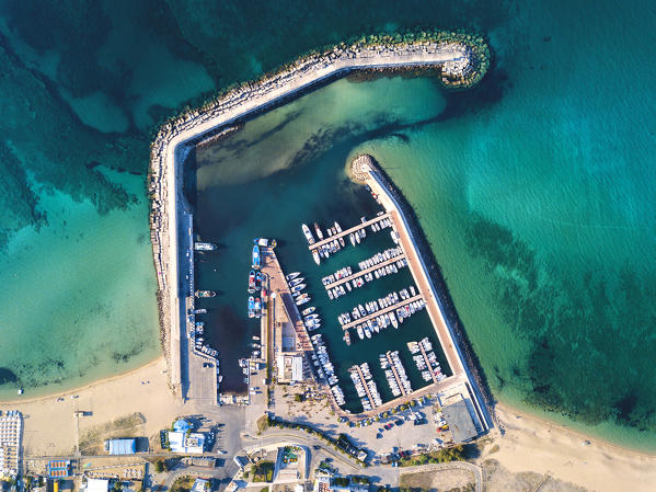 Port of Campomarino di Maruggio aerial view, Taranto province, Apulia, Salento, Italy, Europe.