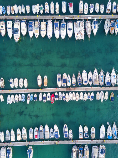 Boats, aerial view, Campomarino di Maruggio, Taranto province, Apulia, Salento, Italy, Europe.