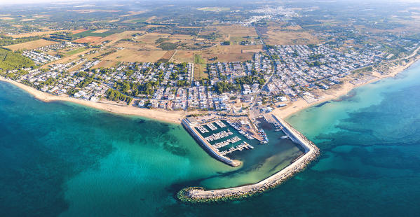 Port of Campomarino di Maruggio aerial view, Taranto province, Apulia, Salento, Italy, Europe.