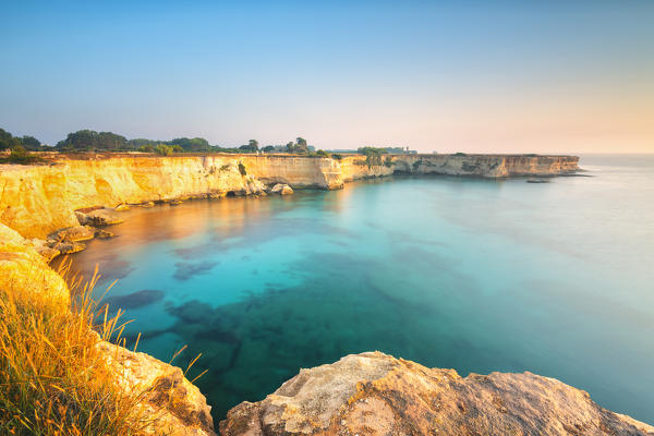 Cliff of Torre Sant'Andrea at dawm, Lecce province, Apulia, Italy