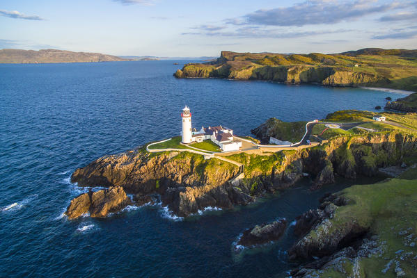 Fanad Head (Fánaid) lighthouse, County Donegal, Ulster region, Ireland, Europe. Aerial view of the Fanad lighthouse at sunset.