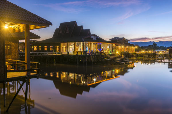 Inle lake, Nyaungshwe township, Taunggyi district, Myanmar (Burma). Shwe Inn Tha floating resort's bungalows.