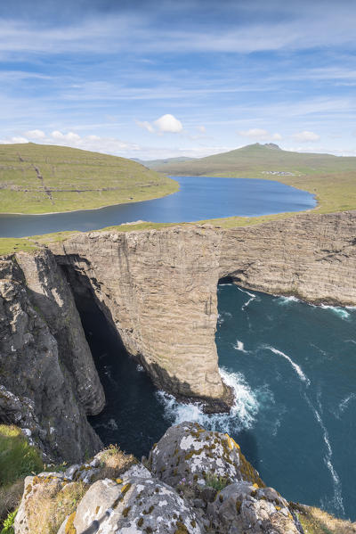 Vagar island, Faroe Islands, Denmark. Leitisvatn lake seen from the cliffs.
