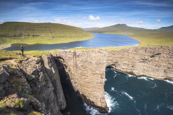 Vagar island, Faroe Islands, Denmark. Leitisvatn lake seen from the cliffs.