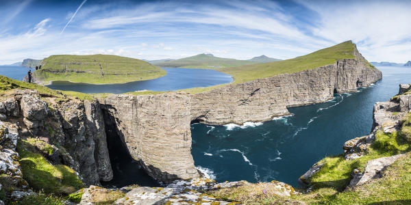 Vagar island, Faroe Islands, Denmark. Panoramic view of the Leitisvatn lake seen from the cliffs.