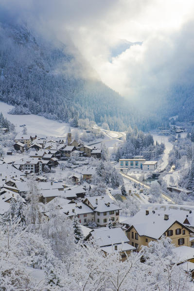 The small town of Filisur with snow in winter. Switzerland, Europe