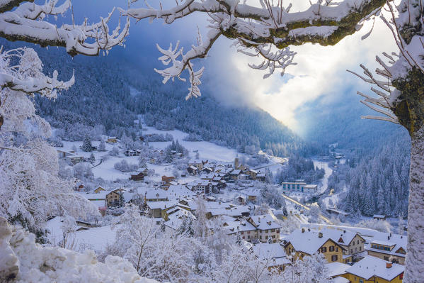 The small town of Filisur with snow in winter. Switzerland, Europe