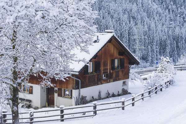 A house of the small town of Filisur with snow in winter. Switzerland, Europe