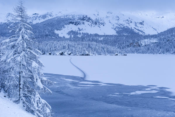 Frozen alpine lake in winter. Engadine, Switzerland