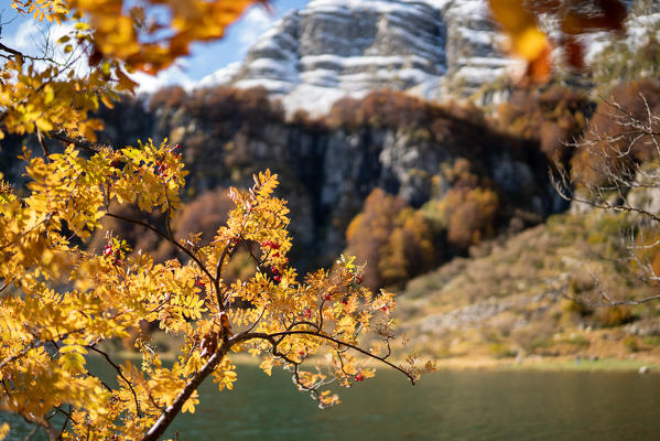 Lago Santo Modenese, lake and autumn color leaves. Emilia Romagna, Italy
