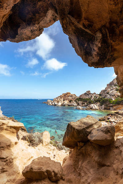 Cala Spinosa, Santa Teresa di Gallura, Capo Testa, Sardinia, Italy. Seascape from a cave in the rock.