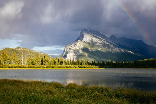 stormy weather and rainbow at Vermillion Lakes, Banff National Park, Canadian Rockies, Canada.