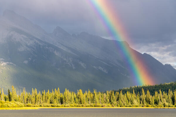 stormy weather and rainbow at Vermillion Lakes, Banff National Park, Canadian Rockies, Canada.