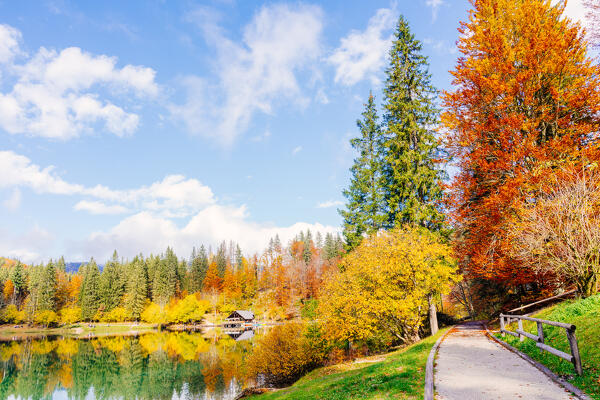 Beautiful Fusine lakes in autumn colors. Friuli Venezia Giulia, Italy