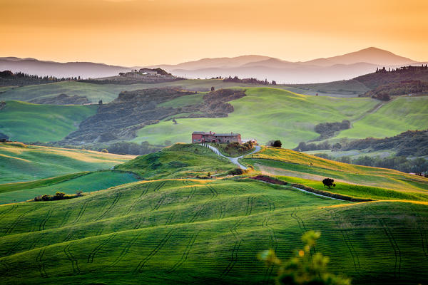 Val d'Orcia, Tuscany, Italy. A lonely farmhouse with cypress and olive trees, rolling hills.