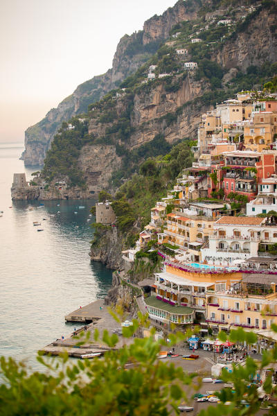 Positano, Amalfi Coast, Campania, Sorrento, Italy. View of the town and the seaside in a summer sunset